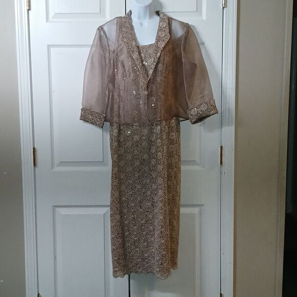 Alex Evening taupe 2pc dress jacket set Sz 14 Wedding Mother of the Bride - Picture 1 of 10